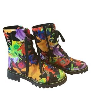 Mael Faux Leather Ankle Colorful Floral Combat Boots Size 6